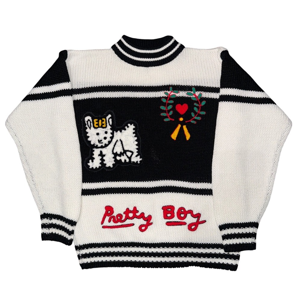 Vintage Pretty Boy Dog Chunky Graphic‎ Knit Sweater Coquette Granny Dopamine